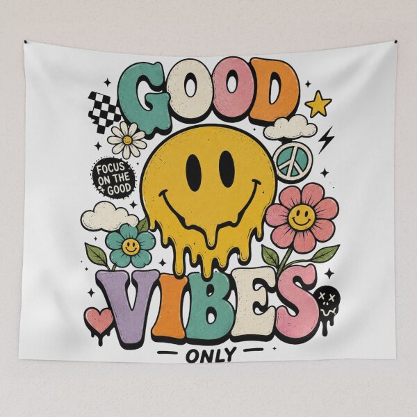 Item preview, Good Vibes Only Retro Smiley Y2K Aesthetic Colorful Sticker & T-Shirt Design designed and sold by irfanedysud.