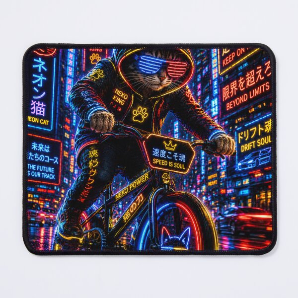 Item preview, Neon Cat Rider in Cyberpunk City | Futuristic BMX Street Art designed and sold by Neon Riot Studio.