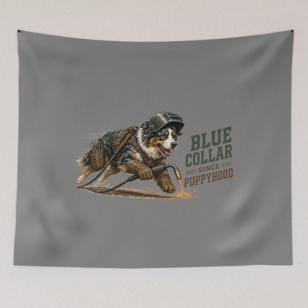 Item preview, Blue Collar Since Puppyhood Australian Shepherd Vintage Welding Dog Design designed and sold by RusticMeadow.