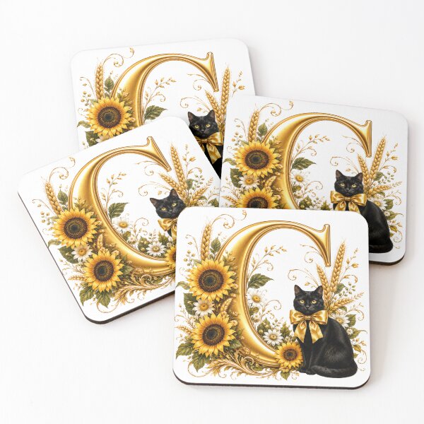 Item preview, Letter C Floral Monogram with Black Cat, Sunflower & Gold Botanical Initial | Elegant Alphabet Art designed and sold by MoodLay.