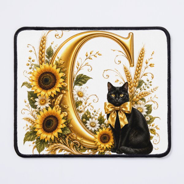 Item preview, Letter C Floral Monogram with Black Cat, Sunflower & Gold Botanical Initial | Elegant Alphabet Art designed and sold by MoodLay.