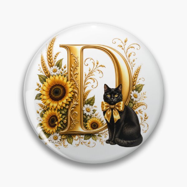 Item preview, Letter D Floral Monogram with Black Cat, Sunflower & Gold Botanical Initial | Elegant Alphabet Art designed and sold by MoodLay.