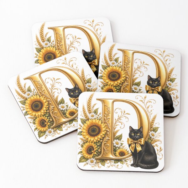 Item preview, Letter D Floral Monogram with Black Cat, Sunflower & Gold Botanical Initial | Elegant Alphabet Art designed and sold by MoodLay.