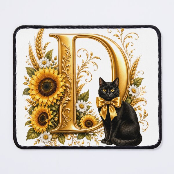 Item preview, Letter D Floral Monogram with Black Cat, Sunflower & Gold Botanical Initial | Elegant Alphabet Art designed and sold by MoodLay.