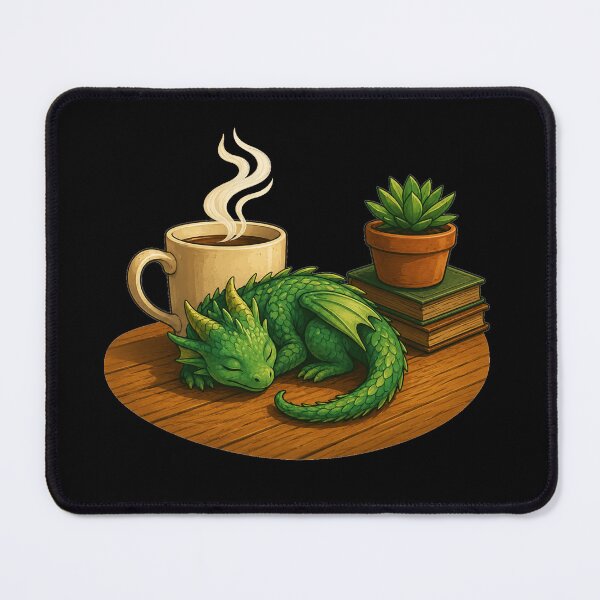 Item preview, Cozy Sleeping Baby Dragon with Coffee / Cottagecore Fantasy designed and sold by Hatchling Hollow.