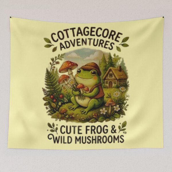 Item preview, Cute frog holding mushrooms, cottagecore style designed and sold by Mahe Jabeen.