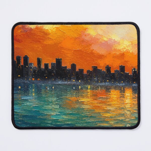 Item preview, Golden Sunset Cityscape | Vibrant Oil Painting of an Urban Skyline by the Water designed and sold by ThiagoSDantas.