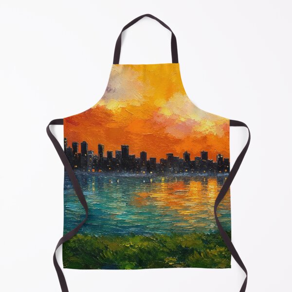 Item preview, Golden Sunset Cityscape | Vibrant Oil Painting of an Urban Skyline by the Water designed and sold by ThiagoSDantas.