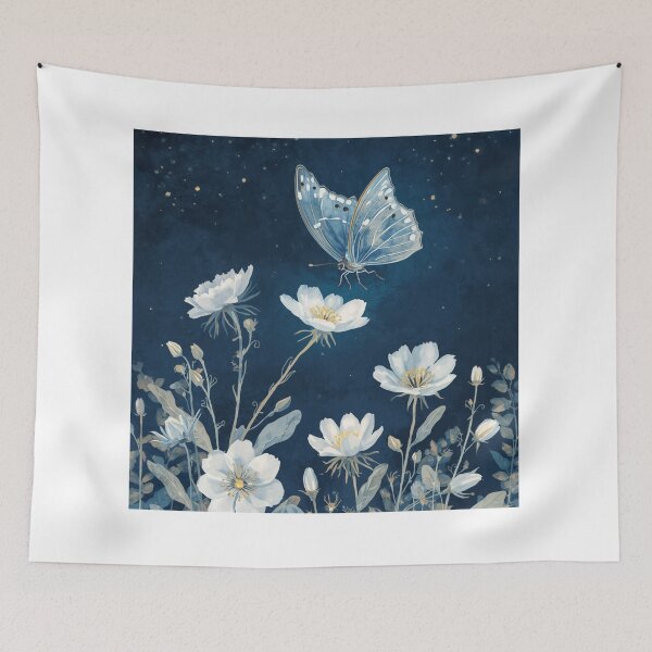 Item preview, Blue Morpho Butterfly and Moonflowers — Night Garden Art designed and sold by DreamelleStudio.