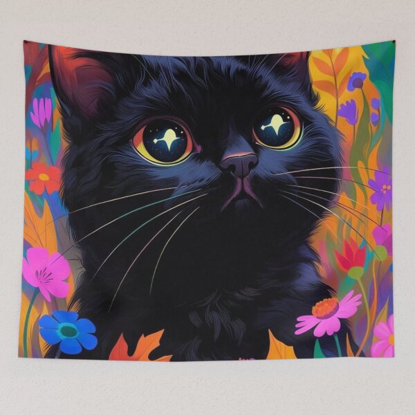 Item preview, Black Cat with Starry Eyes in Colorful Leaves designed and sold by Pioneer Spirit Market.