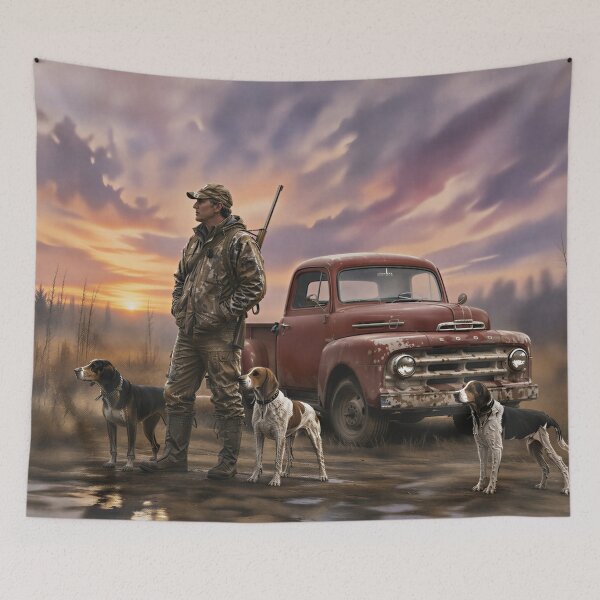 Item preview, Country Hunter with Hounds and Vintage Red Truck at Sunset designed and sold by RebelPawz.