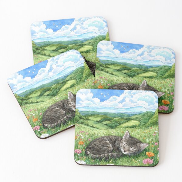 Item preview, Sleeping Cat in Flower Meadow Watercolor designed and sold by Pioneer Spirit Market.