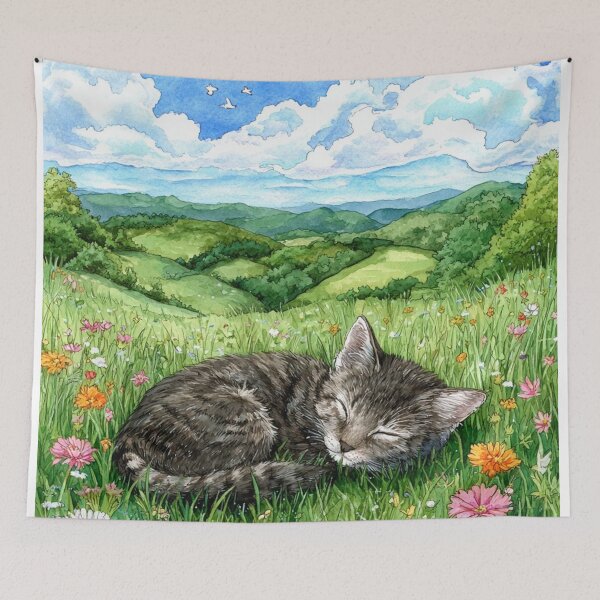 Item preview, Sleeping Cat in Flower Meadow Watercolor designed and sold by Pioneer Spirit Market.