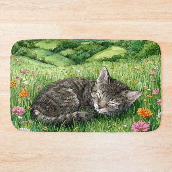 Item preview, Sleeping Cat in Flower Meadow Watercolor designed and sold by Pioneer Spirit Market.