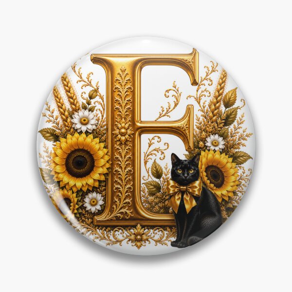 Item preview, Letter E Floral Monogram with Black Cat, Sunflower & Gold Botanical Initial | Elegant Alphabet Art designed and sold by MoodLay.