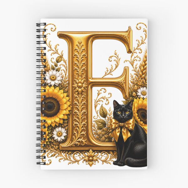 Item preview, Letter E Floral Monogram with Black Cat, Sunflower & Gold Botanical Initial | Elegant Alphabet Art designed and sold by MoodLay.