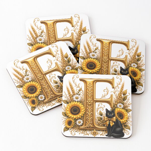 Item preview, Letter E Floral Monogram with Black Cat, Sunflower & Gold Botanical Initial | Elegant Alphabet Art designed and sold by MoodLay.