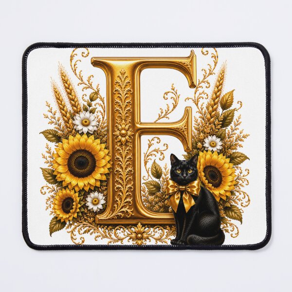 Item preview, Letter E Floral Monogram with Black Cat, Sunflower & Gold Botanical Initial | Elegant Alphabet Art designed and sold by MoodLay.