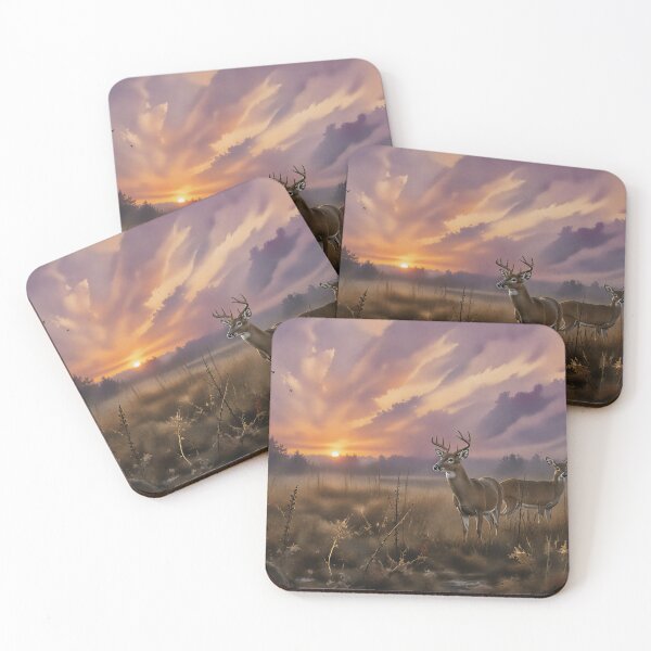 Item preview, Whitetail Deer Buck and Doe in Misty Meadow at Sunset designed and sold by RebelPawz.