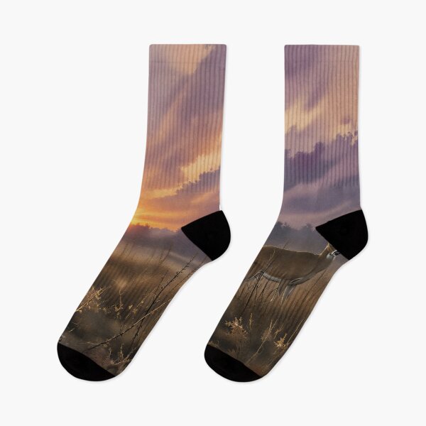 Item preview, Whitetail Deer Buck and Doe in Misty Meadow at Sunset designed and sold by RebelPawz.