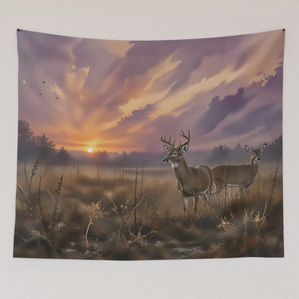 Item preview, Whitetail Deer Buck and Doe in Misty Meadow at Sunset designed and sold by RebelPawz.