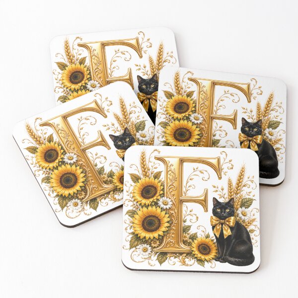 Item preview, Letter F Floral Monogram with Black Cat, Sunflower & Gold Botanical Initial | Elegant Alphabet Art designed and sold by MoodLay.