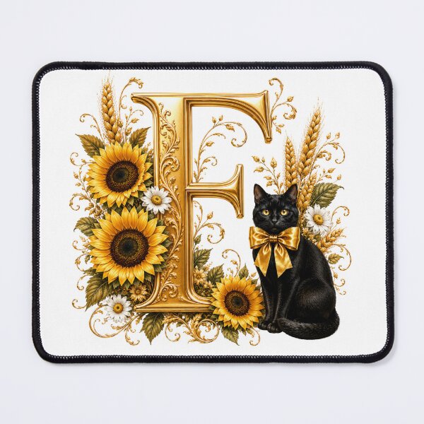 Item preview, Letter F Floral Monogram with Black Cat, Sunflower & Gold Botanical Initial | Elegant Alphabet Art designed and sold by MoodLay.