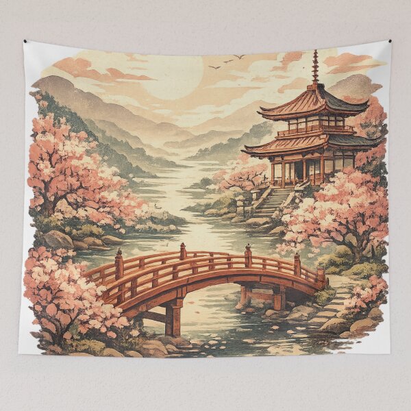 Item preview, Japanese Pagoda Temple with Cherry Blossoms - Asian Landscape Art designed and sold by irfanshikh.