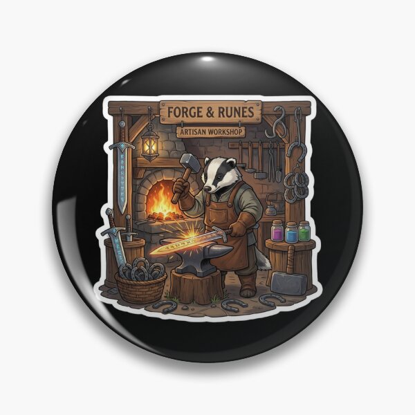 Item preview, Forge & Runes Artisan Workshop Sticker | Fantasy Badger Blacksmith | Medieval Swordsmith RPG Art designed and sold by MrDev.