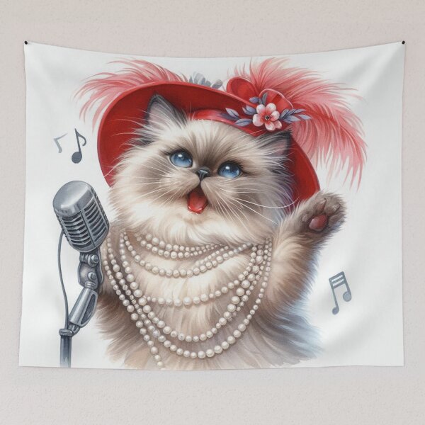 Item preview, Himalayan Cat Singing in Red Feather Hat designed and sold by Pioneer Spirit Market.