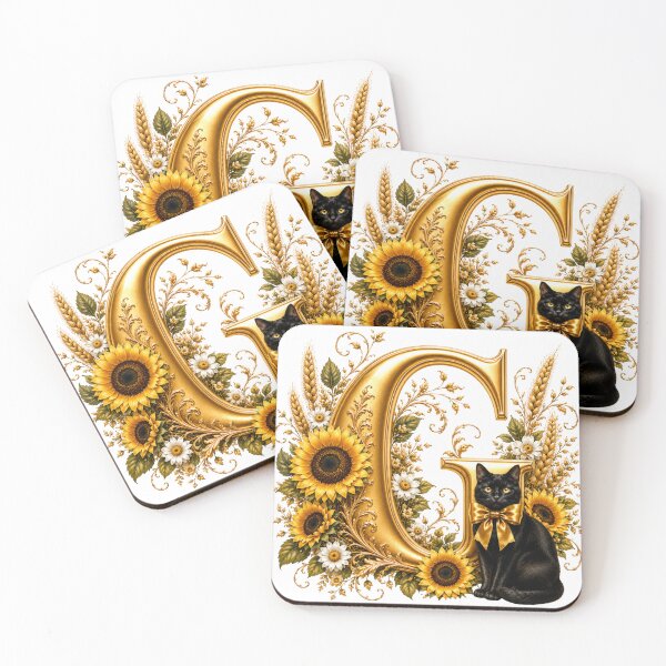 Item preview, Monograma floral con letra G, gato preto, girassol e inicial botânica dourada | Arte elegante con el alfabeto. designed and sold by MoodLay.