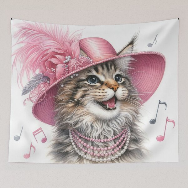 Item preview, Maine Coon Cat Singing in Pink Feather Hat designed and sold by Pioneer Spirit Market.