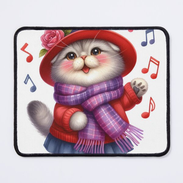 Item preview, Scottish Fold Cat Singing in Red Hat and Scarf designed and sold by Pioneer Spirit Market.