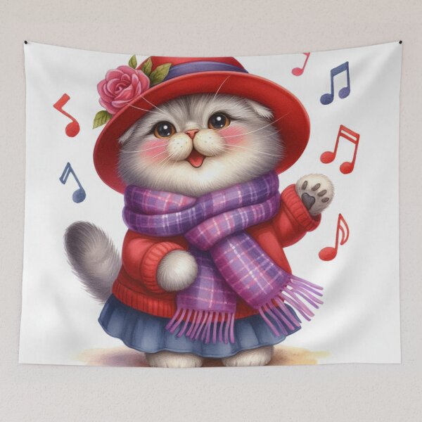 Item preview, Scottish Fold Cat Singing in Red Hat and Scarf designed and sold by Pioneer Spirit Market.