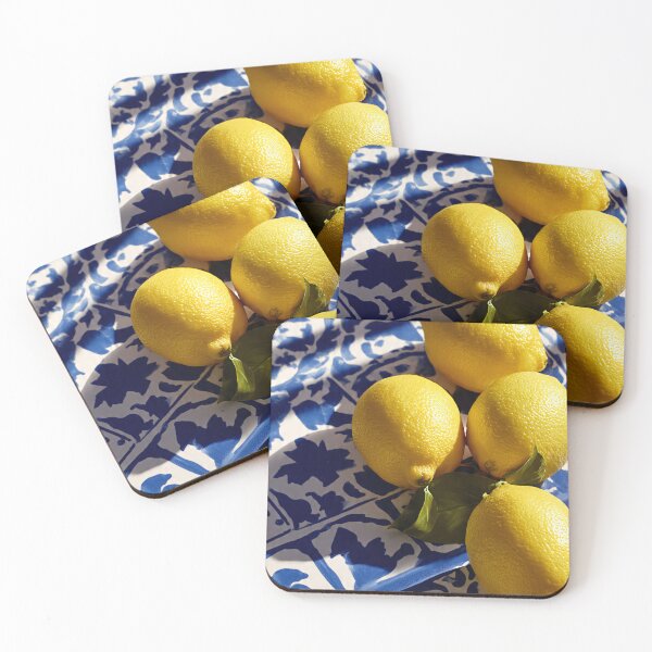 Item preview, Mediterranean lemon still life with blue tile coastal kitchen aesthetic designed and sold by JackrabbitPub.