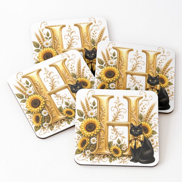 Item preview, Monograma floral con letra H, gato preto, girassol e inicial botânica dourada | Arte elegante con el alfabeto. designed and sold by MoodLay.