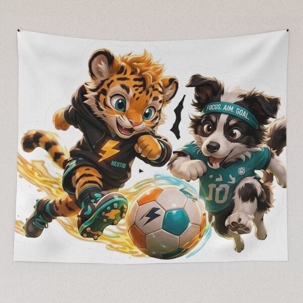 Item preview, Cute Soccer Tiger and Collie Sticker - Funny Anime Animal Shirt, mug designed and sold by NeoTigLuna.