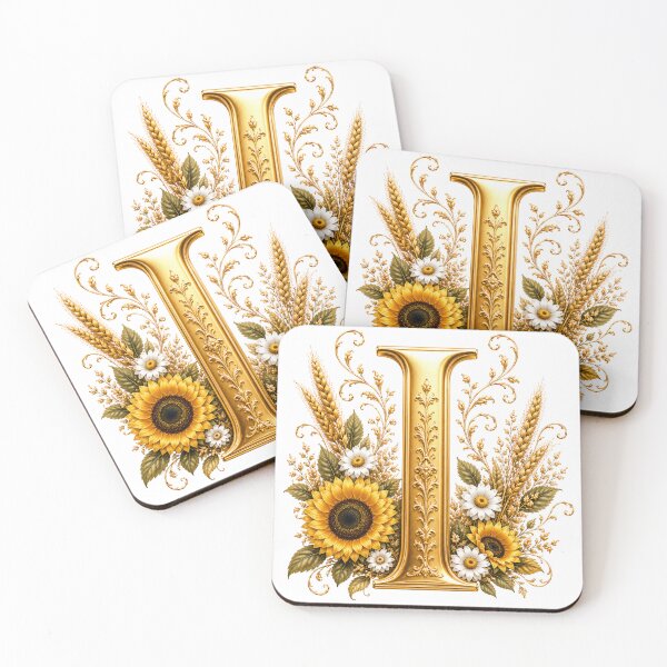 Item preview, Elegant Letter I Monogram with Black Cat, Sunflowers & Gold Floral Design | Personalized Botanical Alphabet designed and sold by MoodLay.