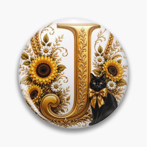 Item preview, Elegant Letter J Monogram with Black Cat, Sunflowers & Gold Floral Design | Personalized Botanical Alphabet designed and sold by MoodLay.