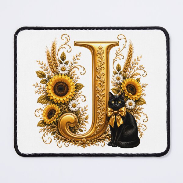 Item preview, Elegant Letter J Monogram with Black Cat, Sunflowers & Gold Floral Design | Personalized Botanical Alphabet designed and sold by MoodLay.