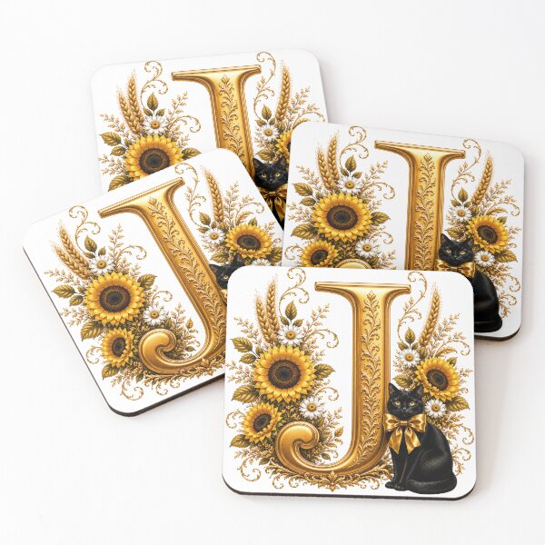 Item preview, Elegant Letter J Monogram with Black Cat, Sunflowers & Gold Floral Design | Personalized Botanical Alphabet designed and sold by MoodLay.