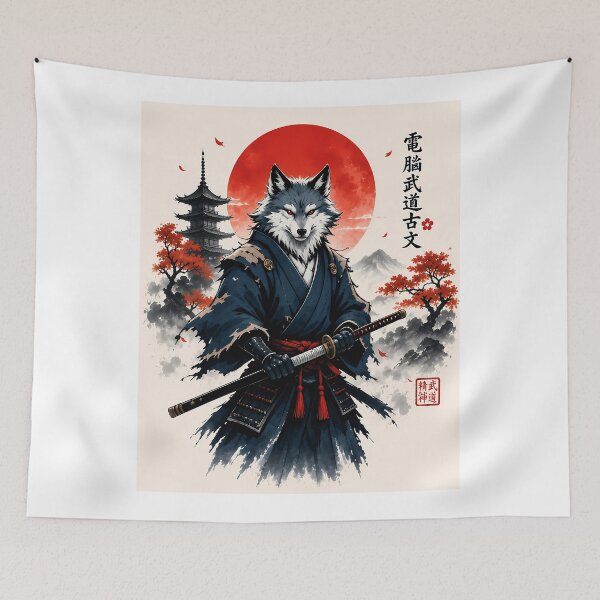 Item preview, Samurai Wolf Under Red Sun – Japanese Warrior Fantasy Art designed and sold by SupernovaNote.