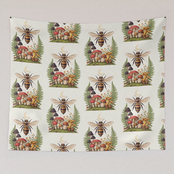 Item preview, Forest Bee & Wild Mushrooms | Cottagecore Botanical Nature Illustration designed and sold by PatsiRose.