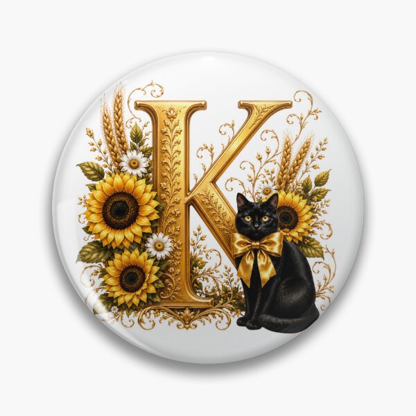 Item preview, Elegant Letter K Monogram with Black Cat, Sunflowers & Gold Floral Design | Personalized Botanical Alphabet designed and sold by MoodLay.