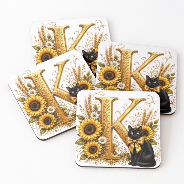 Item preview, Elegant Letter K Monogram with Black Cat, Sunflowers & Gold Floral Design | Personalized Botanical Alphabet designed and sold by MoodLay.