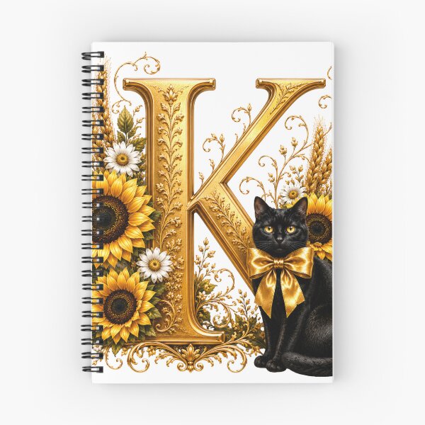 Item preview, Elegant Letter K Monogram with Black Cat, Sunflowers & Gold Floral Design | Personalized Botanical Alphabet designed and sold by MoodLay.