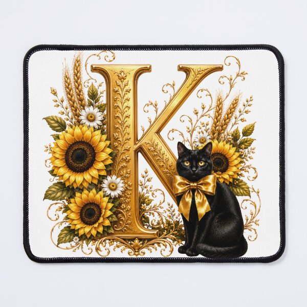 Item preview, Elegant Letter K Monogram with Black Cat, Sunflowers & Gold Floral Design | Personalized Botanical Alphabet designed and sold by MoodLay.