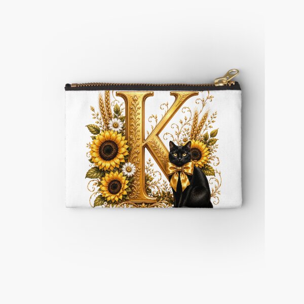 Item preview, Elegant Letter K Monogram with Black Cat, Sunflowers & Gold Floral Design | Personalized Botanical Alphabet designed and sold by MoodLay.