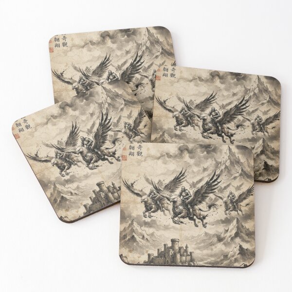 Item preview, Western Skies: Knights on Griffins Sumi-e Ink Wash designed and sold by DuckOddity.