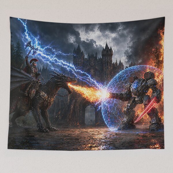 Item preview, Magic vs Sci-Fi Dragon Rider and Mech Battle designed and sold by Aimaniia666.